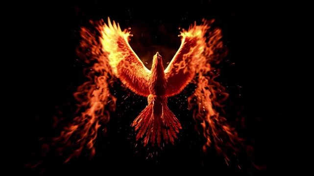 Fiery phoenix rising from flames on dark background, mythical firebird rebirth power concept in dramatic inferno light. Legendary creature spreading wings made of fire, transformation resilience immor