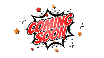 COMING SOON &ndash; Comic Pop Art text png with transparency. PNG transparent image. Vintage colorful cartoon animation with explosion of speech bubble message