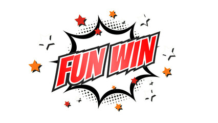 FUN WIN – Comic Pop Art text png with transparency. PNG transparent image. Vintage colorful cartoon animation with explosion of speech bubble message