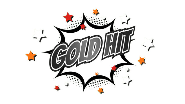 GOLD HIT &ndash; Comic Pop Art text png with transparency. PNG transparent image. Vintage colorful cartoon animation with explosion of speech bubble message