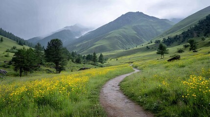 Winding mountain path through lush green grass and bright yellow wildflowers in sunny alpine meadow landscape scenic hiking trail and peaceful nature travel background