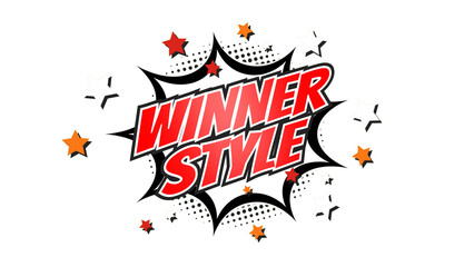 WINNER STYLE – Comic Pop Art text png with transparency. PNG transparent image. Vintage colorful cartoon animation with explosion of speech bubble message