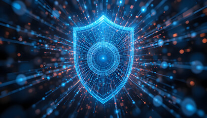 A luminous digital shield, pulsating with blue energy, stands as a bastion of cybersecurity, its intricate design symbolizing impenetrable defense against cyber threats and data breaches