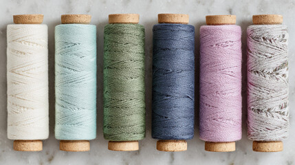 Cozy flatlay of colorful sewing thread spools arranged in a neat row on a soft gray background, showcasing varied textures and pastel craft tones