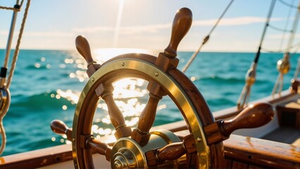 Vintage wooden and brass ship's steering wheel on yacht against sparkling sea and sunny sky.
