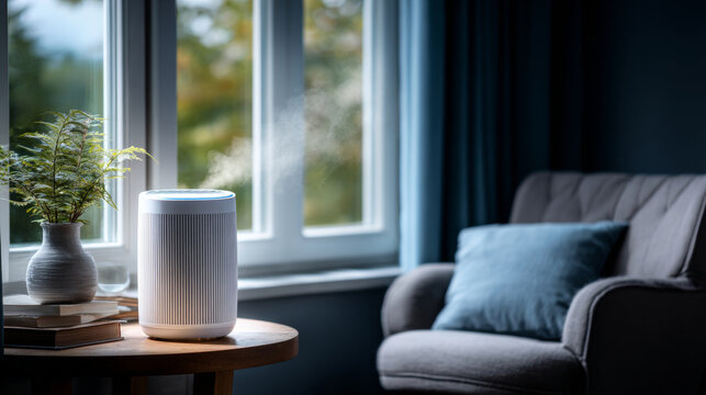 Modern white humidifier releasing mist on wooden table near window with potted plant and cozy armchair in living room - Powered by Adobe
