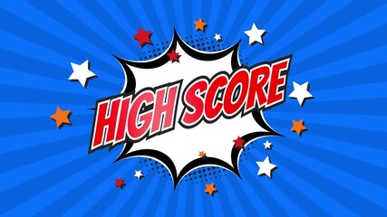 HIGH SCORE – Comic Pop Art text video 4K. Vintage colorful cartoon animation with explosion of speech bubble message - Powered by Adobe