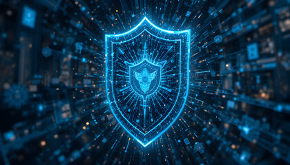 A digital shield hovers in a futuristic, glowing blue cyberspace, symbolizing cybersecurity, data protection, and network security in the modern digital age, ensuring online safety