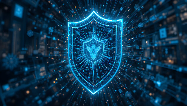A digital shield hovers in a futuristic, glowing blue cyberspace, symbolizing cybersecurity, data protection, and network security in the modern digital age, ensuring online safety