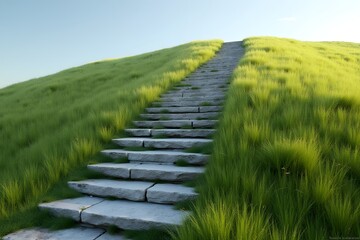 A stone staircase appearing in the middle of a grassy field.