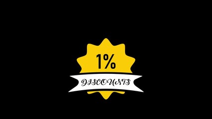 Yellow starburst with 1% discounts text on a white ribbon against a black background 1 percent sale