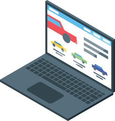 Laptop displaying car dealership website offering various automobiles for sale, enabling online car shopping