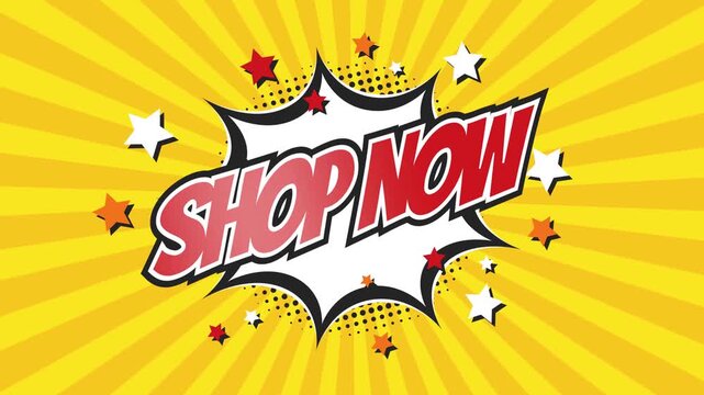 SHOP NOW – Comic Pop Art text video 4K. Vintage colorful cartoon animation with explosion of speech bubble message