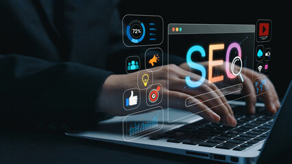 SEO concept for improving SEO visibility, with SEO related digital tools and SEO performance icons shown in an focused layout for strategic marketing. Elide