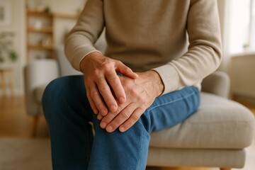 Man sitting on couch, holding his knee with both hands, looking concerned. Moment of discomfort and pain,  sense of worry or distress. Cozy living room homely atmosphere. Injury or joint pain
