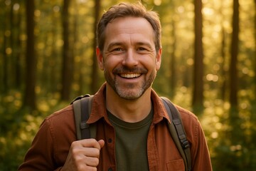 Happy man with backpack smiling in forest, enjoying nature and activities. Perfect for travel and healthy lifestyle themes. Portrait of male traveler. Eco-tourism, hiking, outdoor adventure concepts