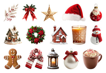 PNG Festive holiday decorations collection, element set on transparent background