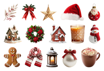 PNG Festive holiday decorations collection, element set on transparent background