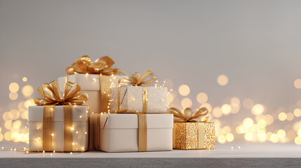 Obraz premium ゴールドのプレゼントとあたたかなライトのクリスマスイメージ