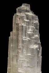 Striking photograph captures the impressive height and vertical striations of a large white Selenite crystal tower specimen