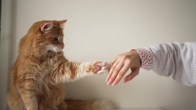Adorable long-haired ginger cat playfully interacting with its owner, touching and hitting a human hand with its paw while sitting on a shelf, showing a funny and tender moment