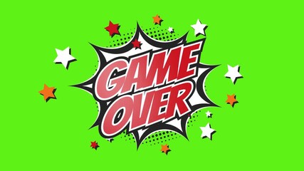 GAME OVER – Comic Pop Art text video 4K, chroma key green background for transparency green screen. Vintage colorful cartoon animation with explosion of speech bubble message