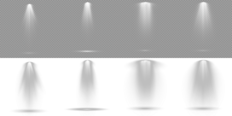Light sources, concert lighting, stage spotlights. Light Effects. Transparent allows seamless web or poster use. Bright spotlights shine down, forming focused light circles. Scene. Row of spotlights.