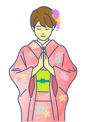 振り袖姿でお参りする女性　ai