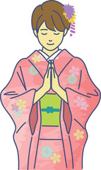 振り袖姿でお参りする女性　eps