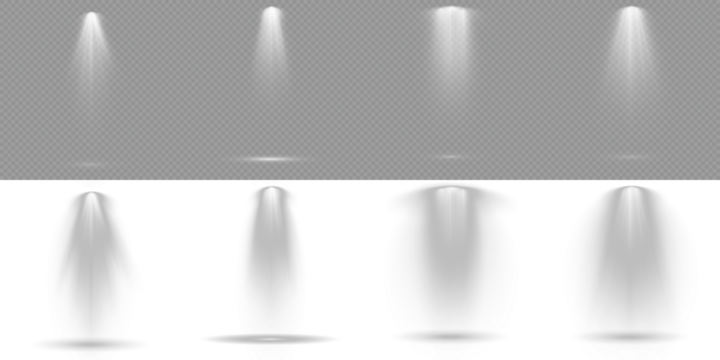 Light sources, concert lighting, stage spotlights. Light Effects. Transparent allows seamless web or poster use. Bright spotlights shine down, forming focused light circles. Scene. Row of spotlights.
