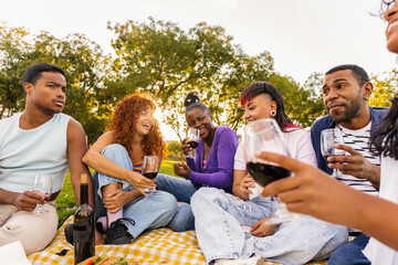 Diverse friends enjoying picnic in park drinking wine at sunset