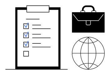 Clipboard with completed checklist, briefcase, and globe icon. Ideal for planning, organization, business strategy, global operations, productivity achievement decision-making. Simple flat metaphor