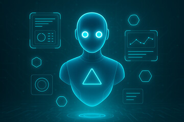 Futuristic Holographic AI Assistant with Digital Data Interface