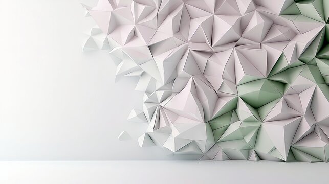 A textured background with a low-poly geometric pattern in shades of white, pink, and green, creating a sense of depth and modern design.