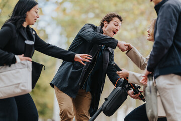 A group of colleagues and friends meet outdoors, sharing handshakes and smiles in a lively park scene. The moment conveys teamwork, connection, and positive energy amid autumn colors.