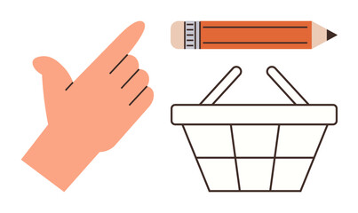 Hand pointing at pencil and shopping basket symbolizing creativity, education, shopping, decision-making, planning, productivity, choices. Ideal for education, business shopping themes simple flat