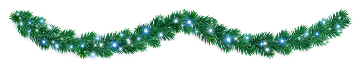 Christmas tree garland with blue and white glowing lights on lush fir branches. Elegant festive border for banners, cards, and Christmas designs. © Olga Prozorova