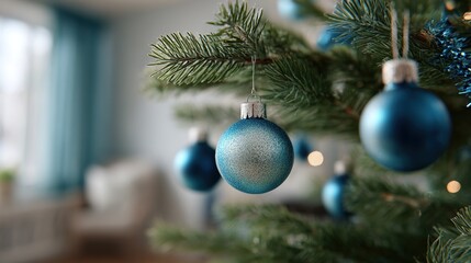 A close-up of a Christmas tree with blue ornaments hanging from its branches, exuding holiday cheer and festive vibes in a cozy setting.
