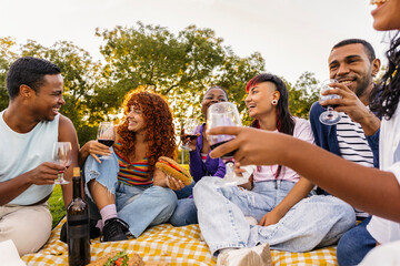 Diverse group of friends enjoying picnic and wine