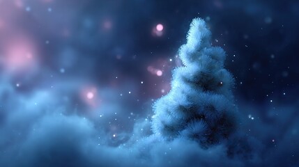 An artistic representation of a winter tree set against a backdrop of clouds and bokeh lights, evokes a serene, festive mood. Magical winter tree.