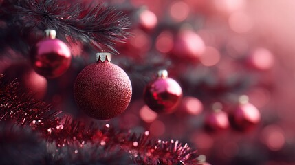 A close-up captures the essence of festive cheer, with vibrant red ornaments adorning a Christmas tree, evoking a sense of warmth and joy.