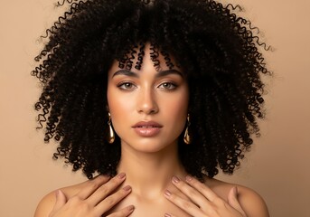 Stunning Woman with Voluminous Natural Curly Hair and Golden Earrings