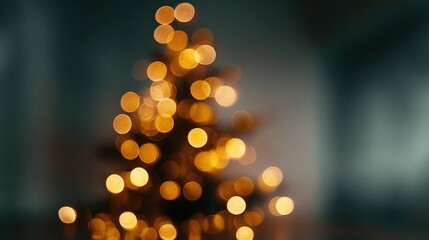 A blurred, abstract Christmas tree illuminated with golden lights, creating a warm, festive ambiance. Perfect for holiday-themed designs.