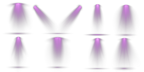 Vector Spotlights. Projection studio lights beam. Row of spotlights. Transparent background. Light sources, concert lighting, stage spotlights. Light Effects. Floodlight beam, illuminated spotlights.