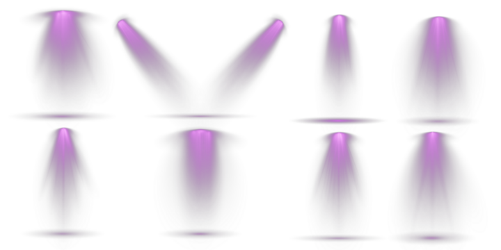 Vector Spotlights. Projection studio lights beam. Row of spotlights. Transparent background. Light sources, concert lighting, stage spotlights. Light Effects. Floodlight beam, illuminated spotlights.