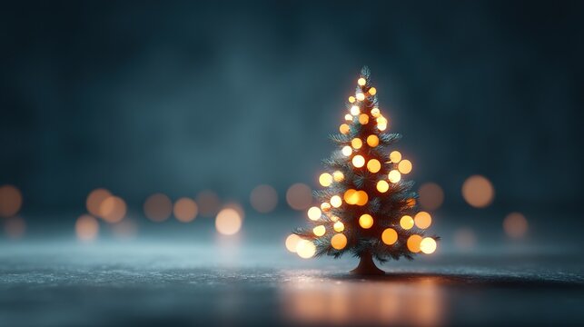 A softly lit Christmas tree with warm lights against a blurred background evokes the magic of the holiday season in a serene, festive setting.