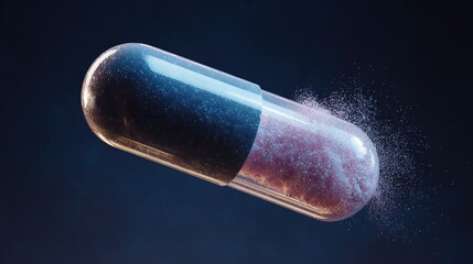 An isolated, translucent capsule medication floats suspended on a dark backdrop, its contents a mix of shimmering purple and dark blue particles.
