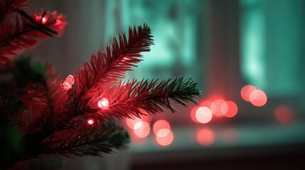 Festive pine branch adorned with twinkling red lights, casting a warm holiday glow against a soft, blurred background. Cozy Christmas scene.