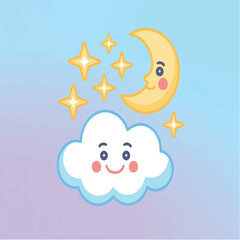 Fototapeta premium illustration, moon, vector, cartoon, design, drawing, cute, background, star, art, cloud, sky, doodle, night, graphic, baby, happy, child, character, nature, space, abstract, element, symbol, print, 