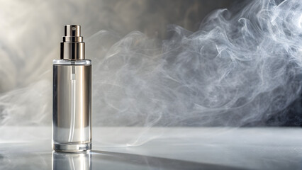 Elegant perfume bottle with a sleek design presented in a dreamy, smoky atmosphere perfect for beauty product advertising and lifestyle branding